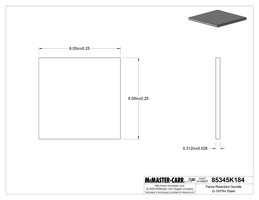 Technical Drawing of Flame-Retardant Garolite G-10/FR4 Sheet, Multipurpose, 6" x 6", 5/16" Thick, Black.